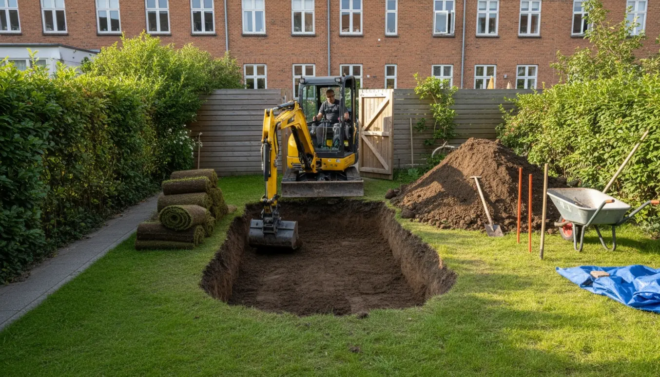 Minigraver graver et ovalt hul til en nedgravet trampolin i en københavnsk baghave med jord samlet i en bunke.