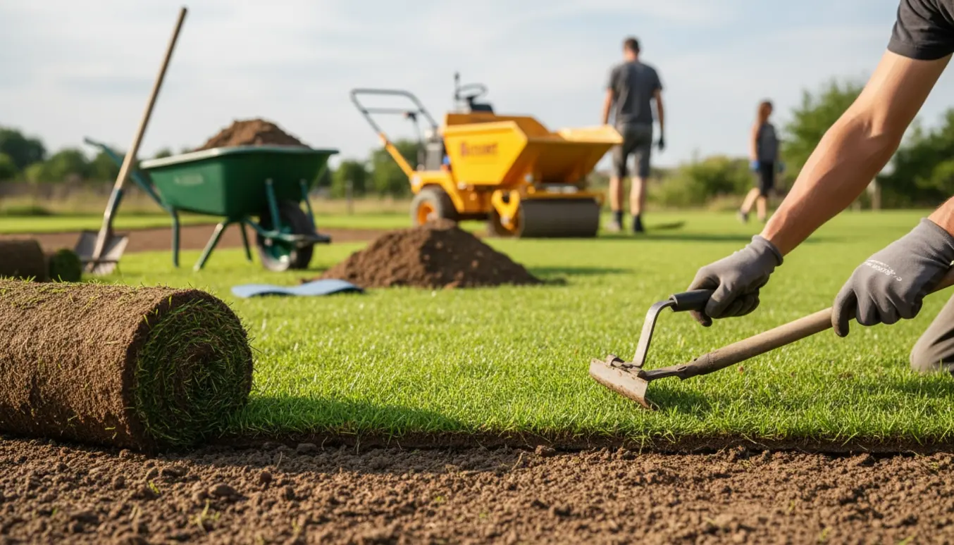 Rullegræs bliver lagt på forberedt jord i en have med værktøj og en jordbunke i baggrunden.