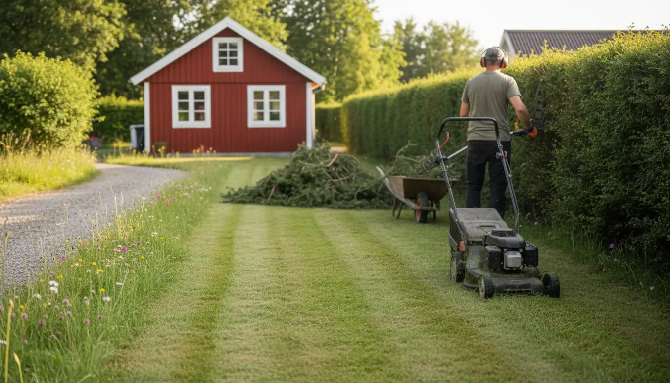 Sommerhusgrund med græsslåmaskine i arbejde og en person, der trimmer en lang granhæk, ansigtet vendt væk.