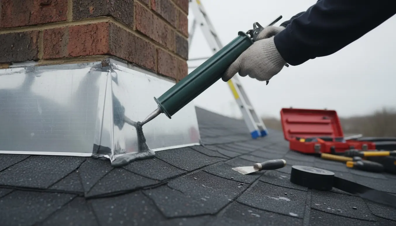 Hænder tætner fuger omkring en murstensskorsten med en fugepistol på et tag.