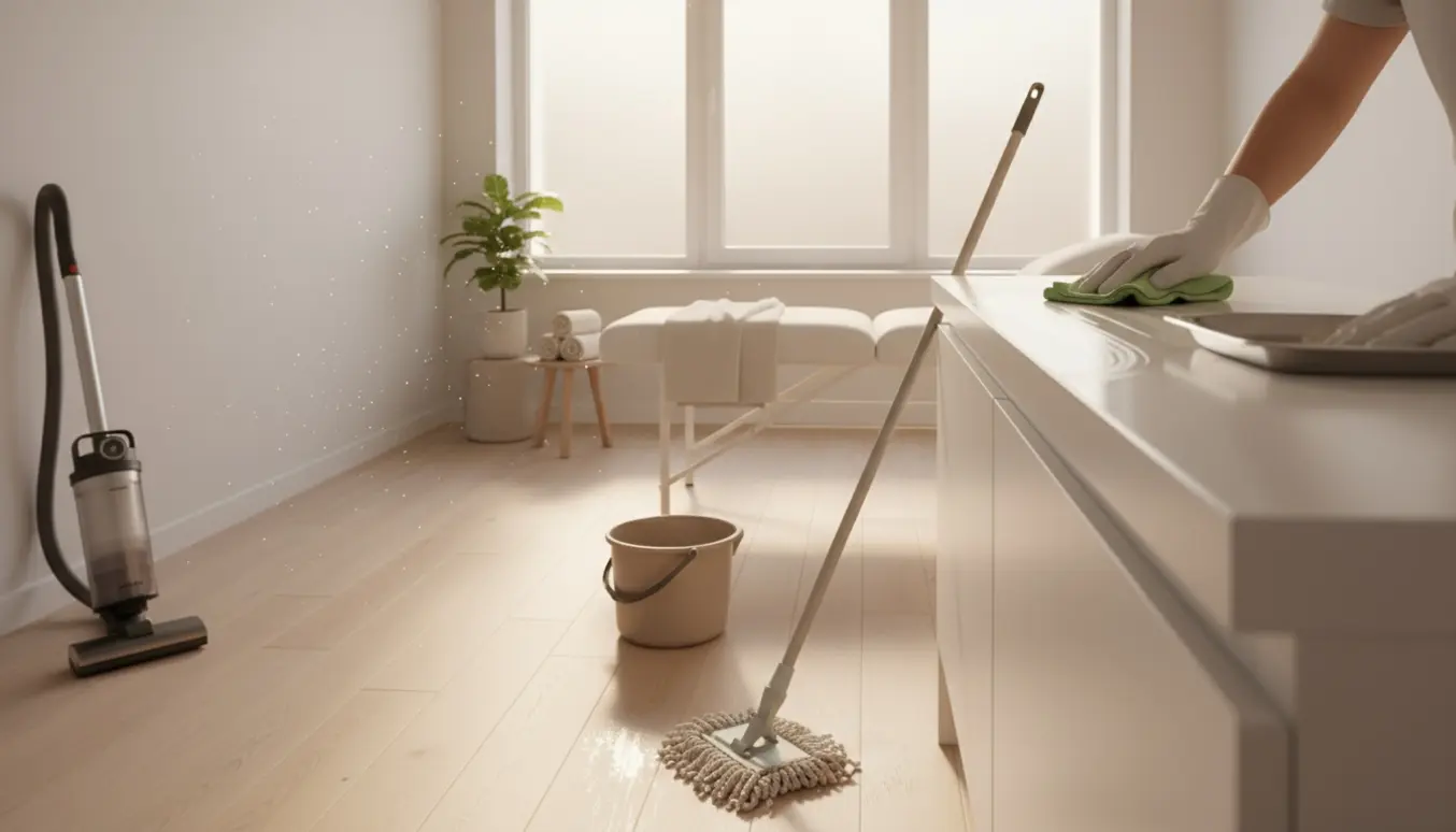Rengøringsassistent tørrer overflader og mopper gulvet i en lys, minimalistisk klinik uden ansigt i billedet.