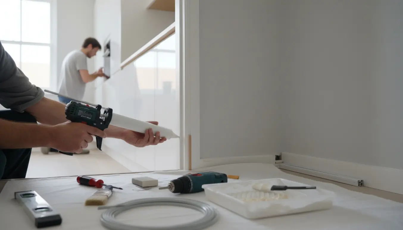 Håndværker fuge og justerer lister og skabsdøre i et moderne køkken som afslutning på renovering.