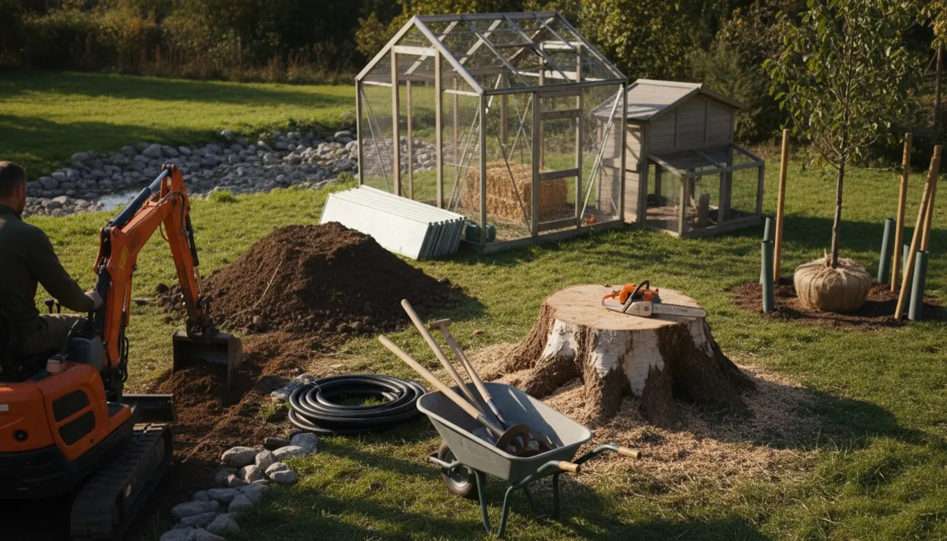 Gravearbejde i have med gravemaskine, fældet træ, ryddet drivhus og klar til plantning af et 4–5 årigt træ.