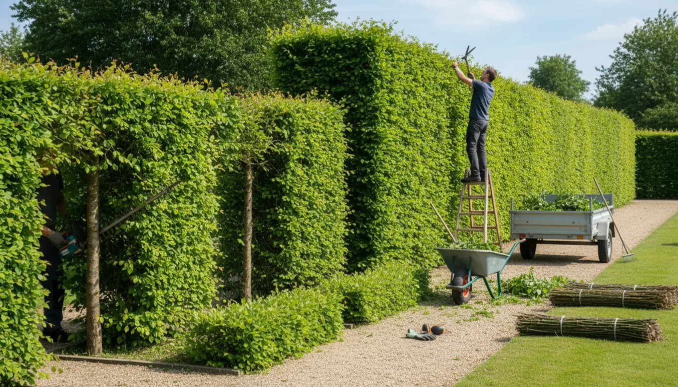 Sommerfoto af beskæring af bøgehæk med hækkeklipper, stige og afklip læsset i trailer.