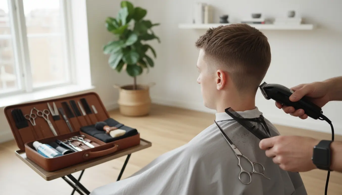En udkørende frisør klipper kort i siderne og nakken af en klient i en lys nordisk lejlighed med klipper, sakse og åben værktøjstaske på et lille bord.