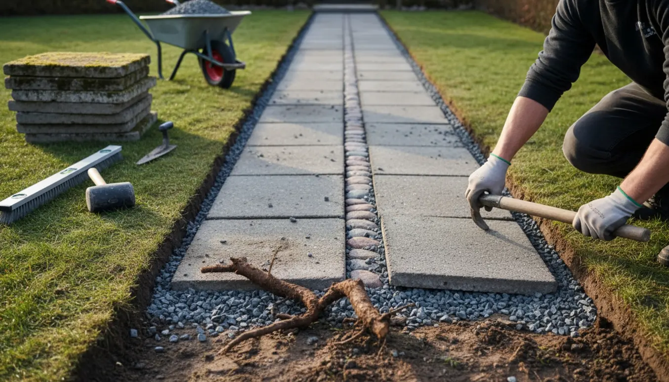 8 meter gangsti med 50x50 cm betonfliser under omlægning med nyt grus og genbrugte fliser.
