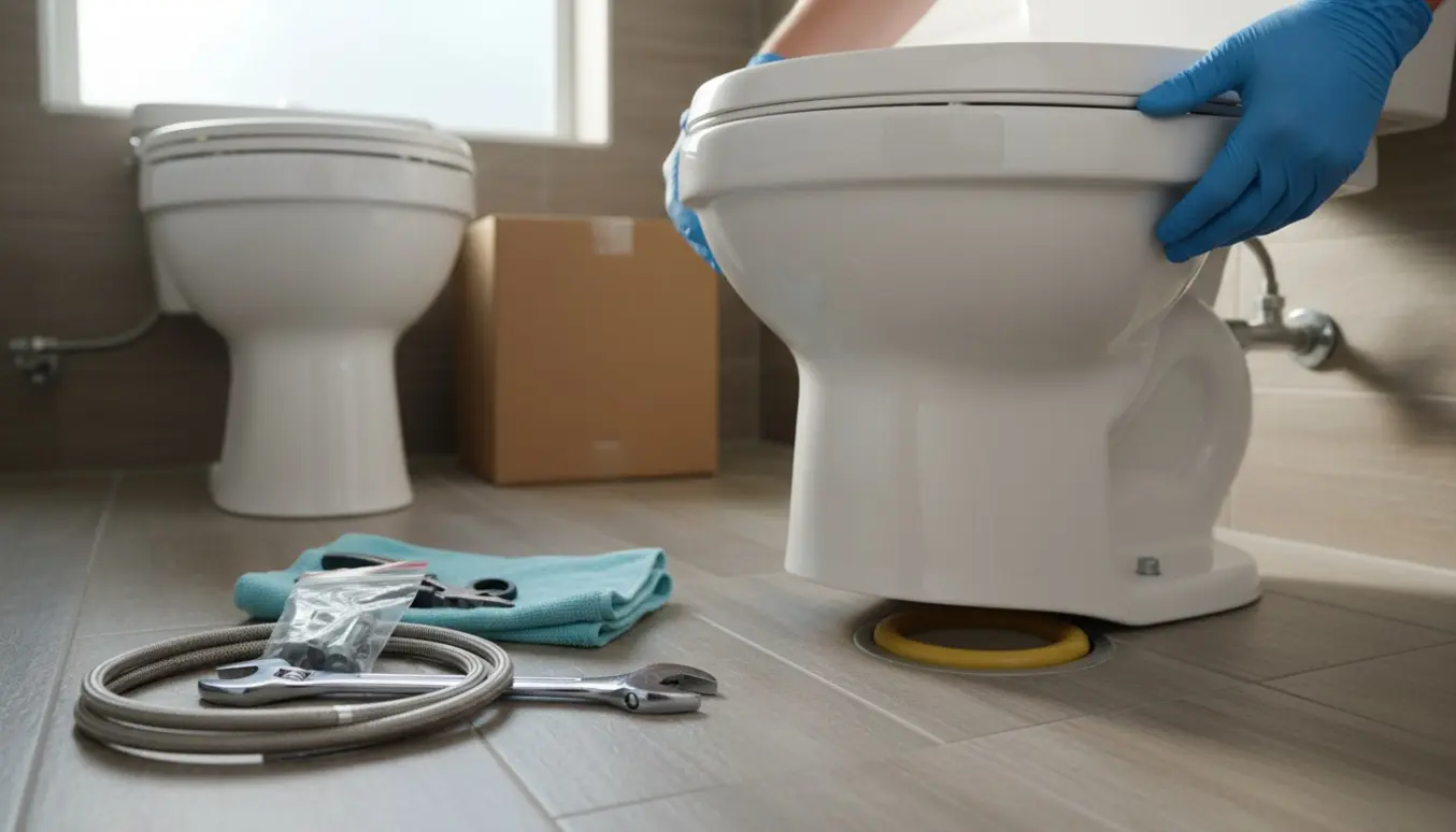 Nyt hvidt toilet sættes på plads i badeværelset med værktøj på fliserne.