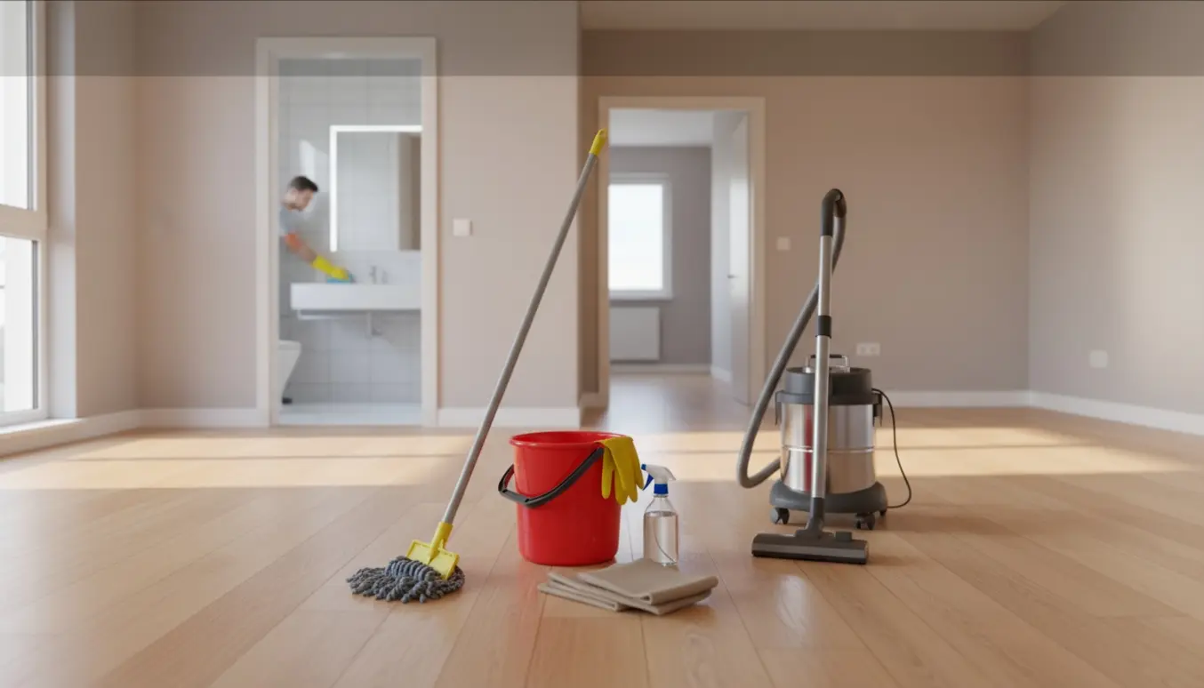 Tom lejlighed med to værelser og et badeværelse, klar til overdragelse med moppe, spand og klude i naturligt dagslys.