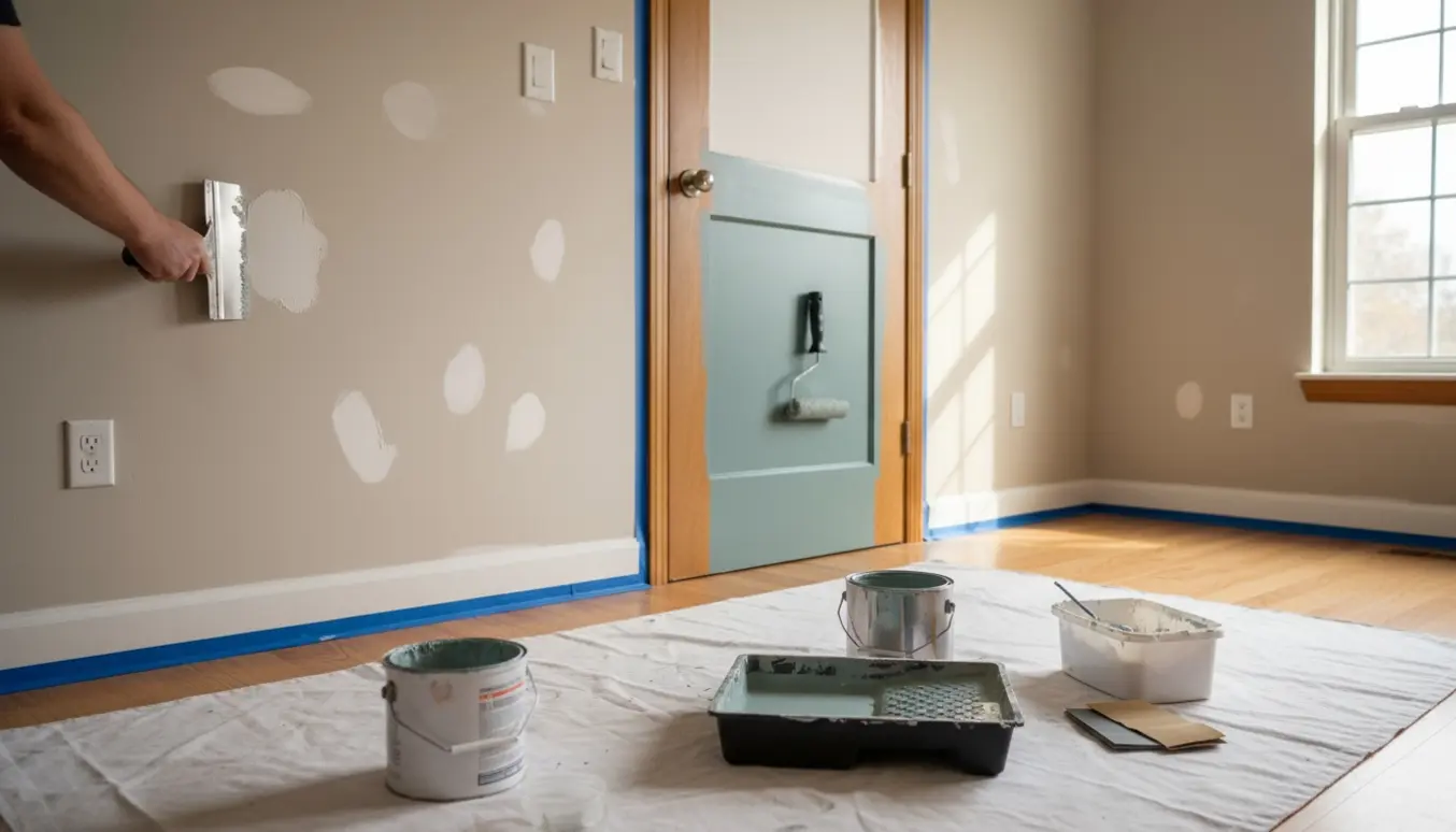 Hænder spartler en væg forud for maling i et lyst rum med afdækningsplader, malerbøtte og delmalet dør.