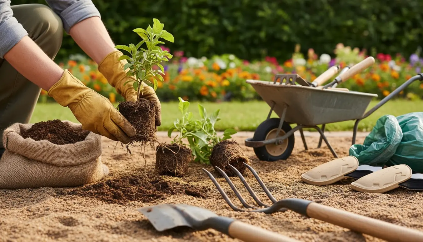 Hænder fjerner tre planter fra et sandet bed med spade og plantejord klar ved siden af.