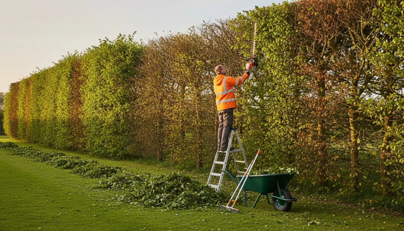 En arbejder klipper cirka ½ meter af en lang bøgehæk med en hækkeklipper, med afklip samlet på græsset ved siden af.