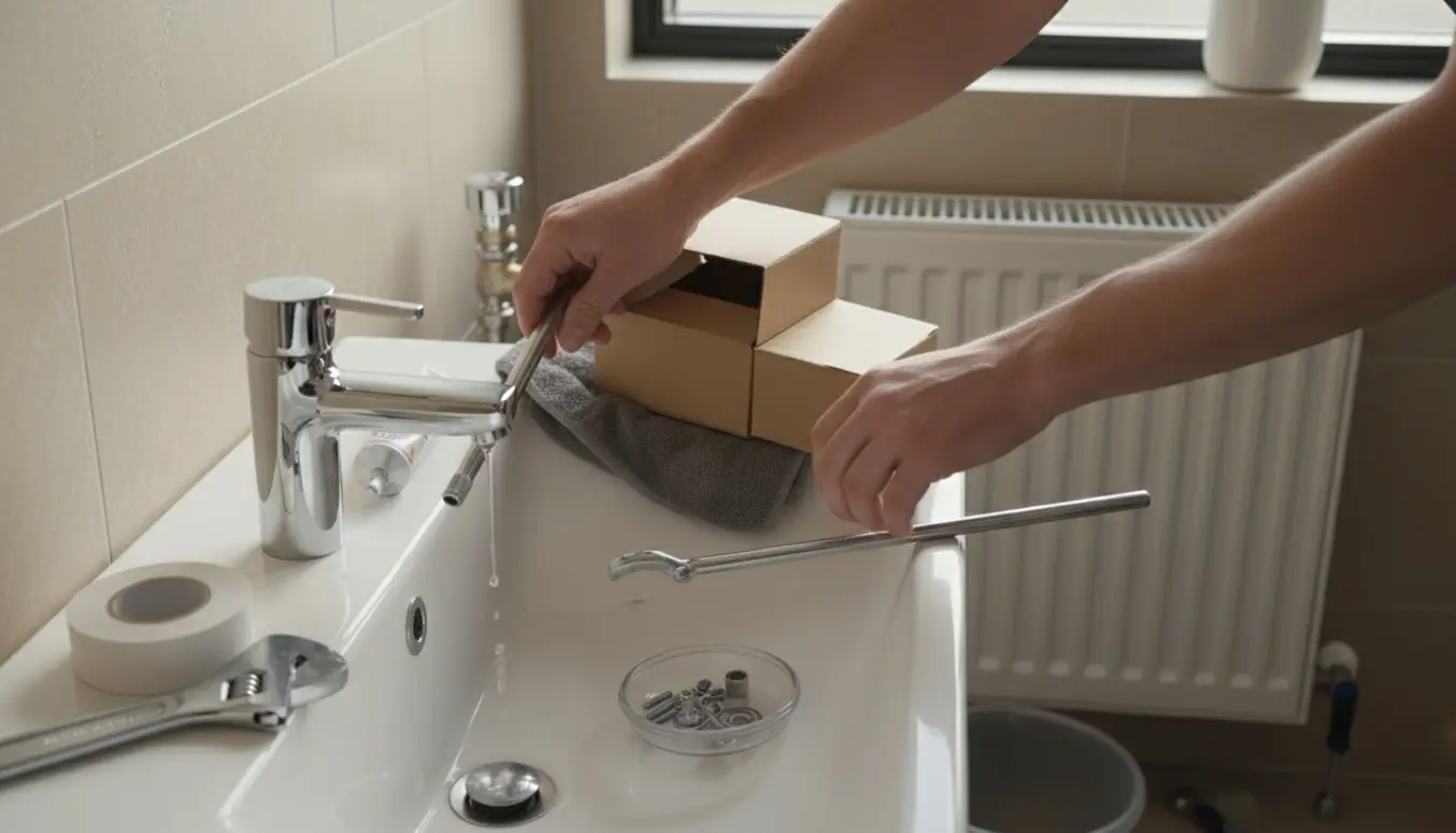 Nærbillede af hænder, der udskifter en krom vandhane i et lyst badeværelse, mens en ny termostat monteres på en radiator.