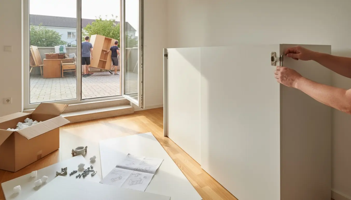 Et hjem hvor et nyt fladpakket klædeskab samles inde i lejligheden, mens adskilte skabspaneler bæres ud til gårdens storskrald.