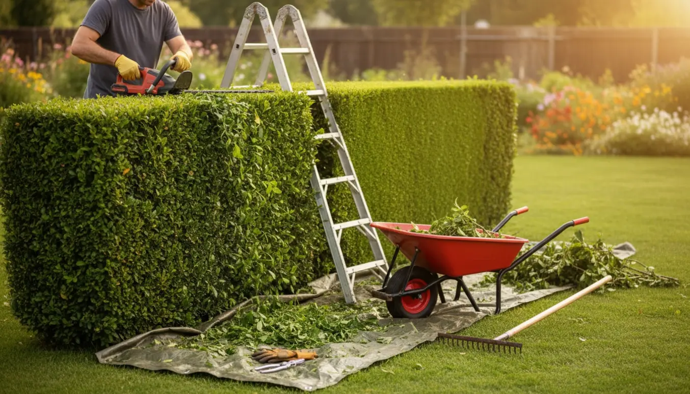 En gartner trimmer toppen og ydersiden af en tæt hæk i en velplejet have.