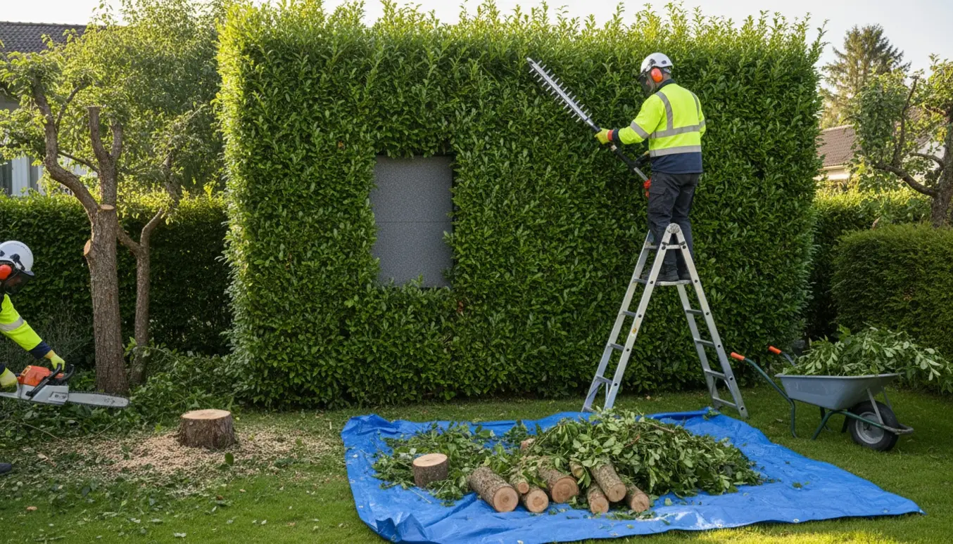 En havemand trimmer en høj hæk og fælder to træer i en solbelyst have.