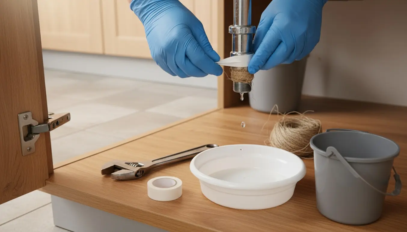 Hånd i arbejdshandske tætner en læk ved en slutmuffe under en køkkenvask med synlige vanddråber.