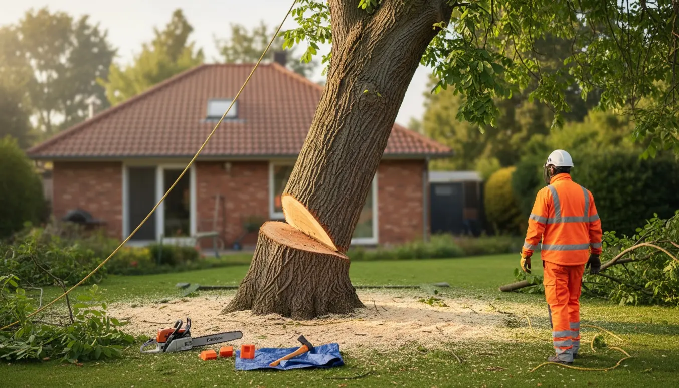 Et stort valnøddetræ fældes og lægges ned i haven tæt på huset.