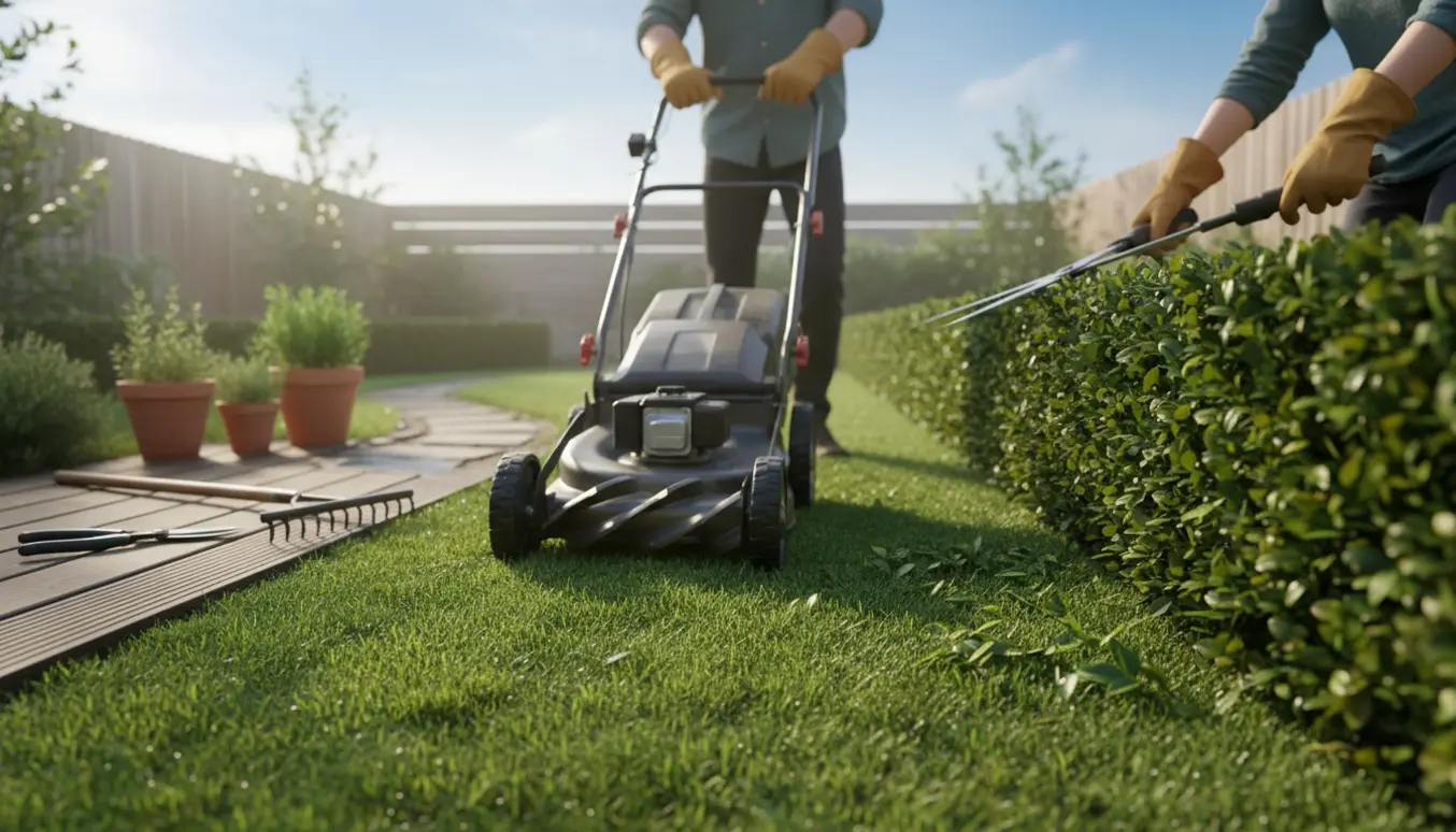 Lille baghave med nyslået græs og nytrimmet hæk, hænder ved plæneklipper og hækkeklipper.