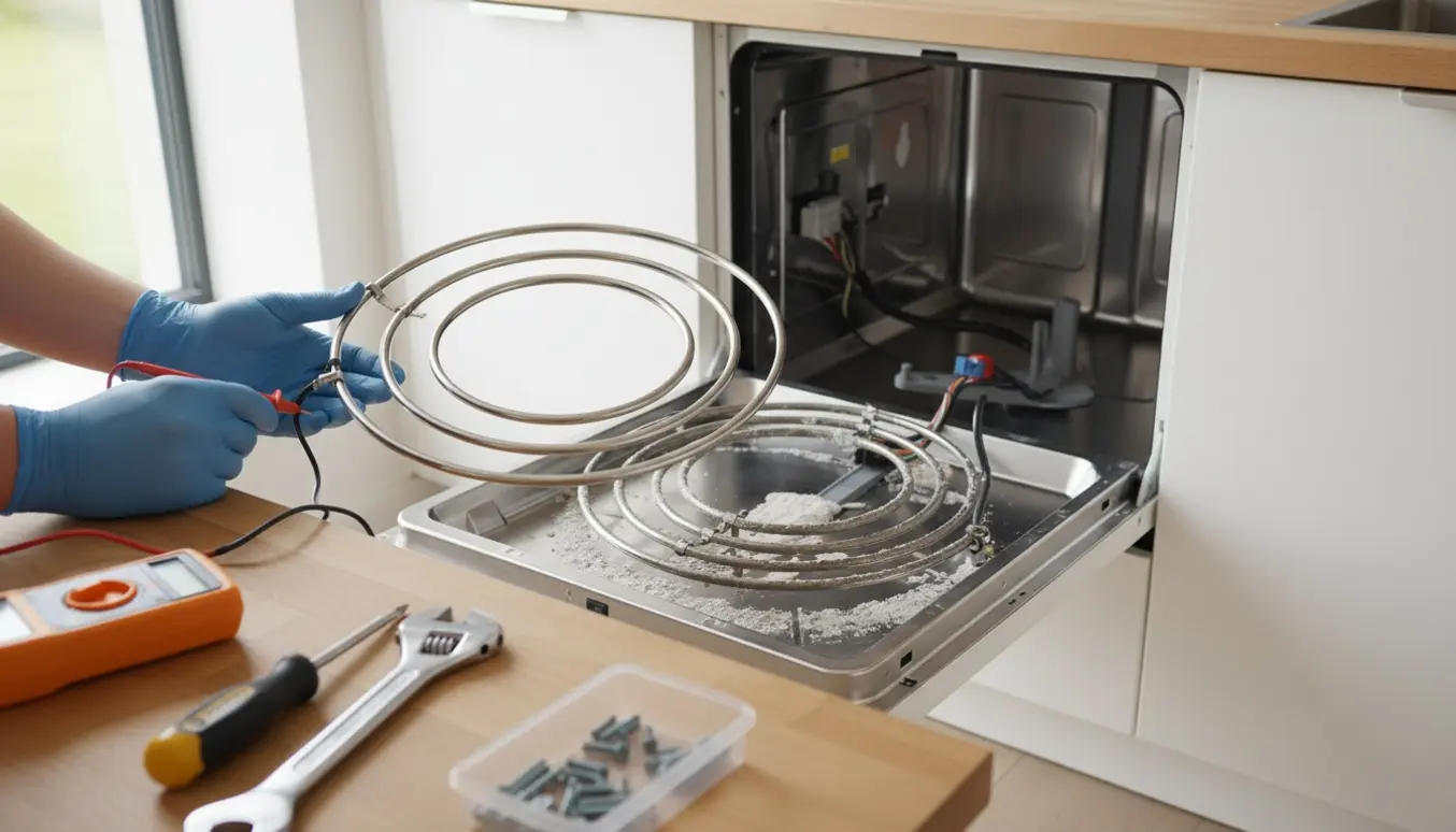 Åben indbygget opvaskemaskine i moderne køkken med hænder, der udskifter varmelegemet og værktøj på bordet.