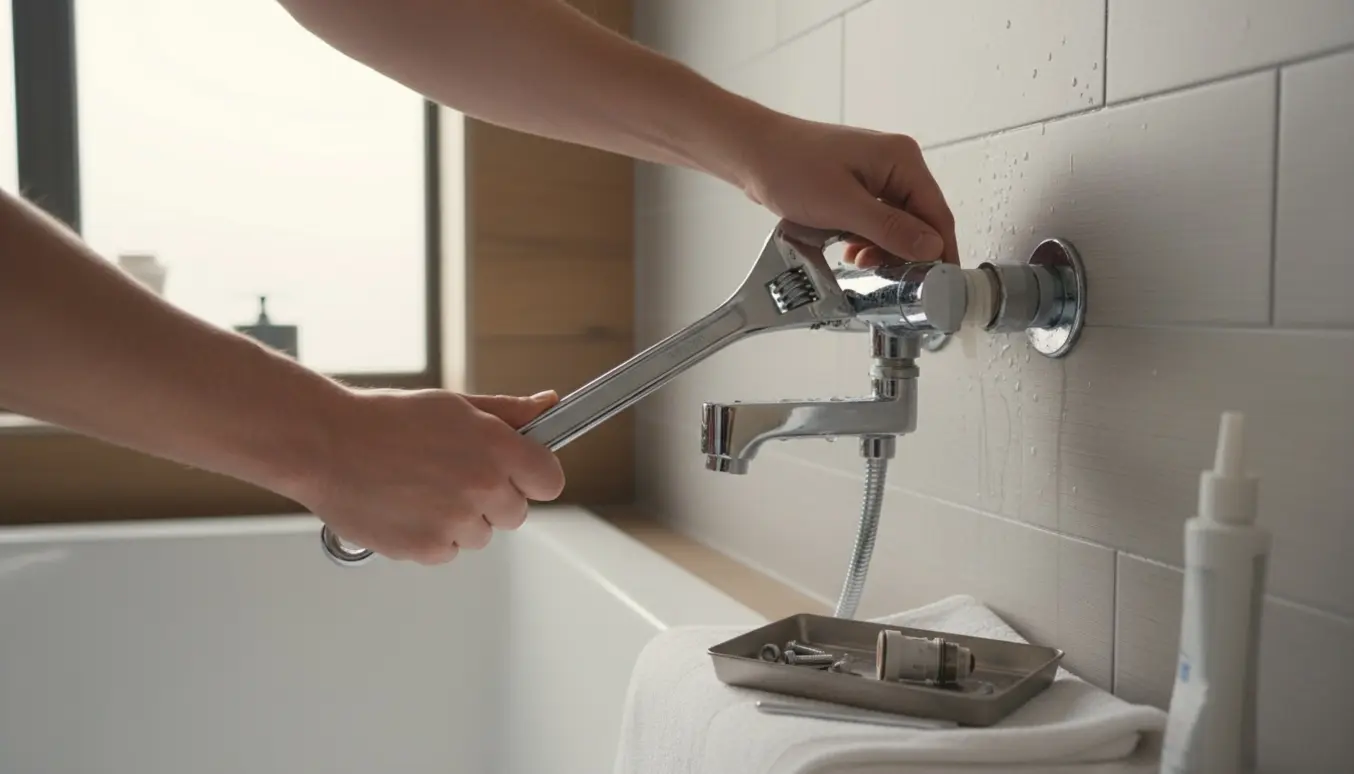 Nærbillede af hænder, der monterer et krom brusearmatur på en flisebelagt badeværelsesvæg.