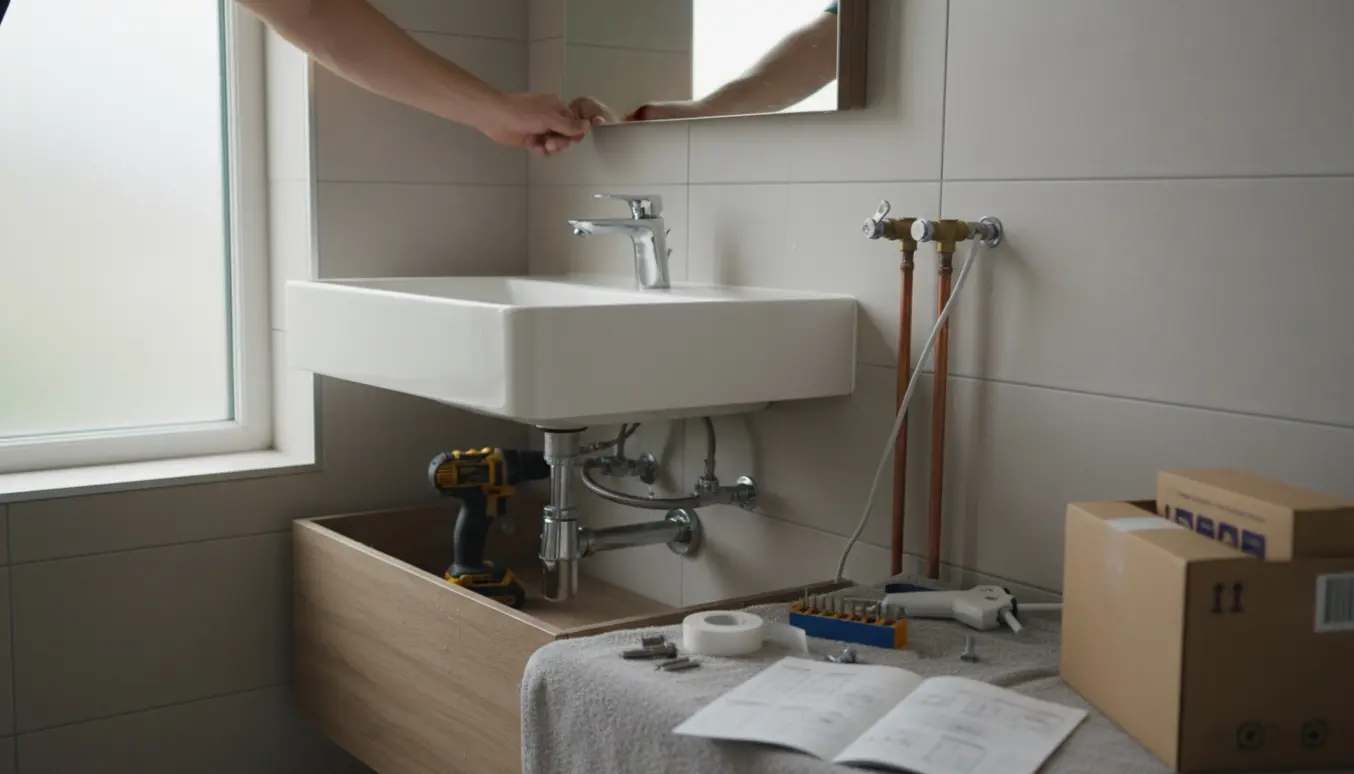 Hænder monterer nyt badeværelsesskab og væghængt spejl, tilslutter vand og strøm i et lyst badeværelse.