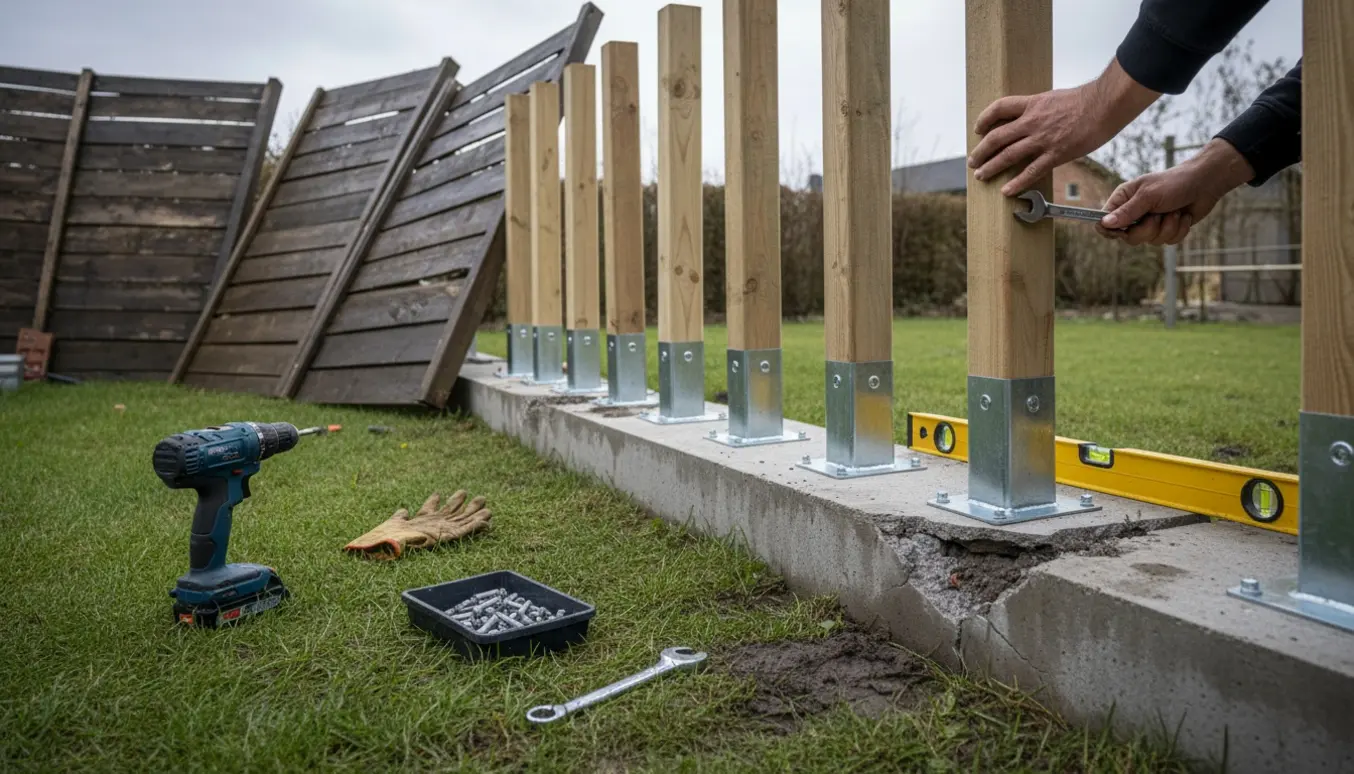 Kollapset Wimex-hegn ligger ved en sprækket gammel sokkel, med nye stolper og monteringsfødder klar til opsætning.