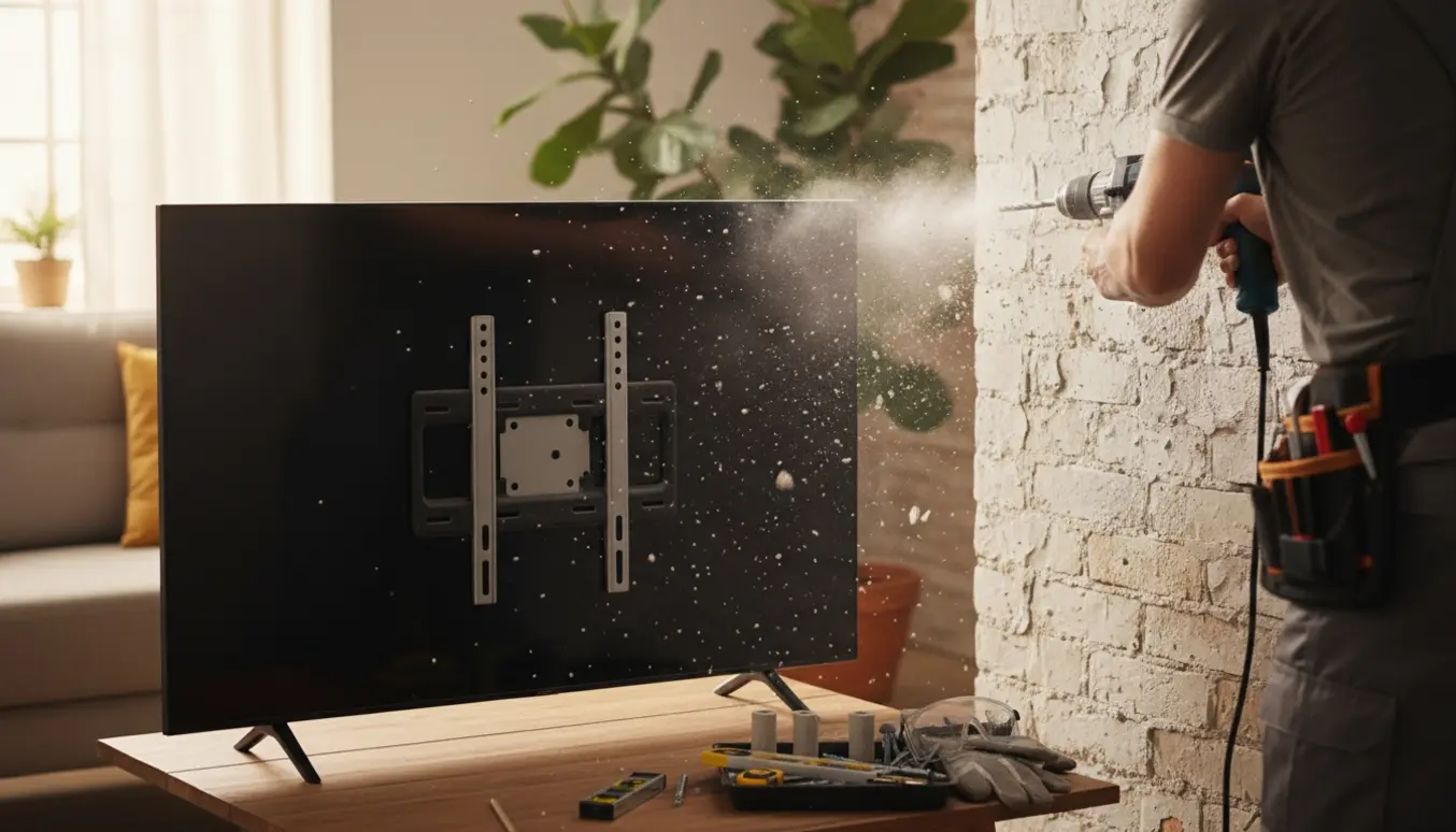 En hånd bruger et slagbor i en murvæg, klar til at hænge et TV med monteret beslag.