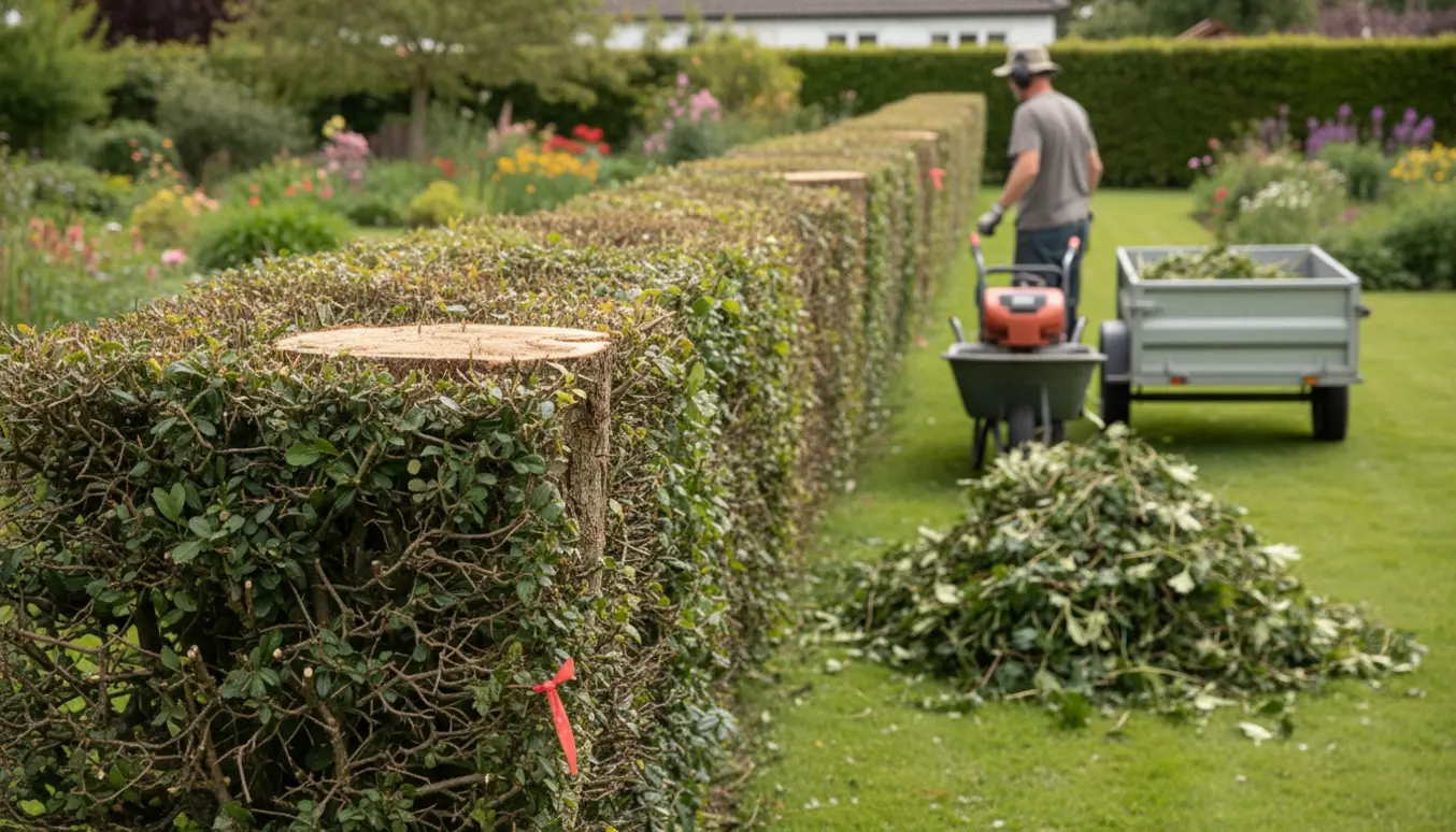 En lang tjørnehæk får topskår på cirka 70 cm med maskine, friske grene samlet i trillebør og trailer.