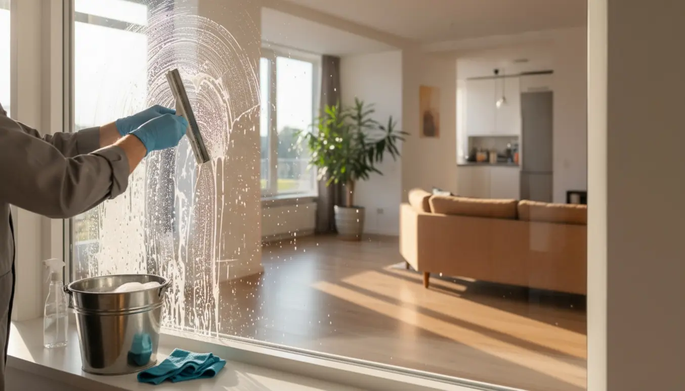 Person pudser et stort vindue i en lys, moderne fireværelses lejlighed med rengøringsudstyr i forgrunden.