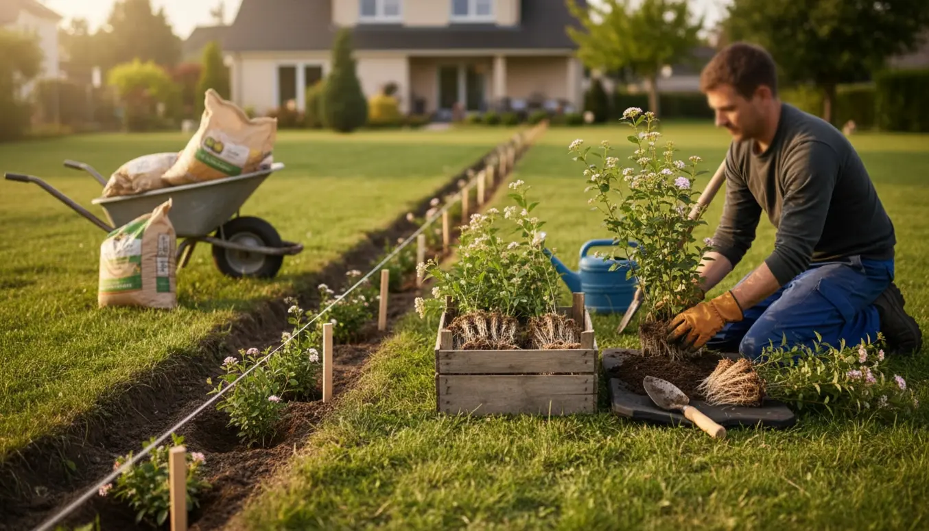 Havehjælper planter barrods spirea i en gravet 25 meter rende med spade, snor og samlet jord.