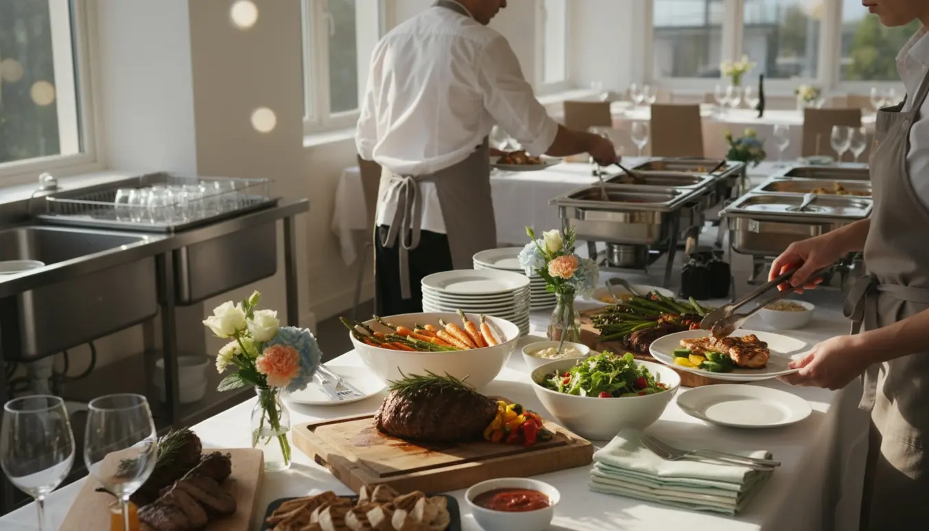Tjenere anretter buffet og portioner til en konfirmation med dækkede borde og blomster i baggrunden.