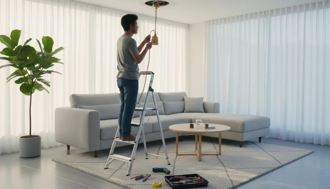 En person på stige flytter en loftslampe i en moderne stue med værktøj på gulvet.