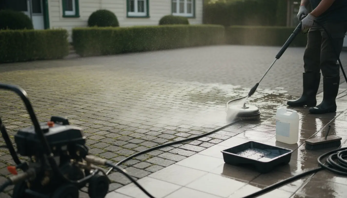 Indkørsel og terrasse rengøres med højtryksrenser, tydelig forskel mellem snavset og nyvasket område.