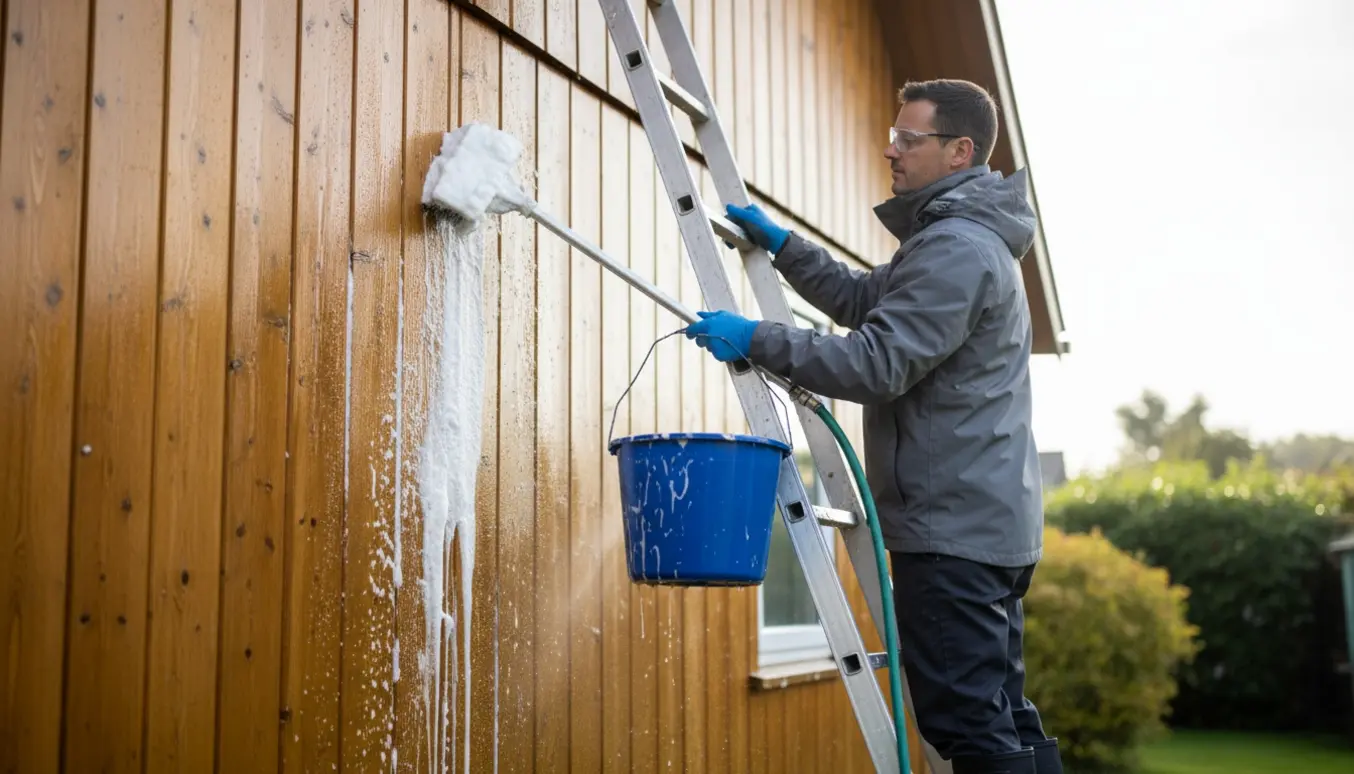En person vasker træfacaden fra en stige med børste, spand og vandslange.