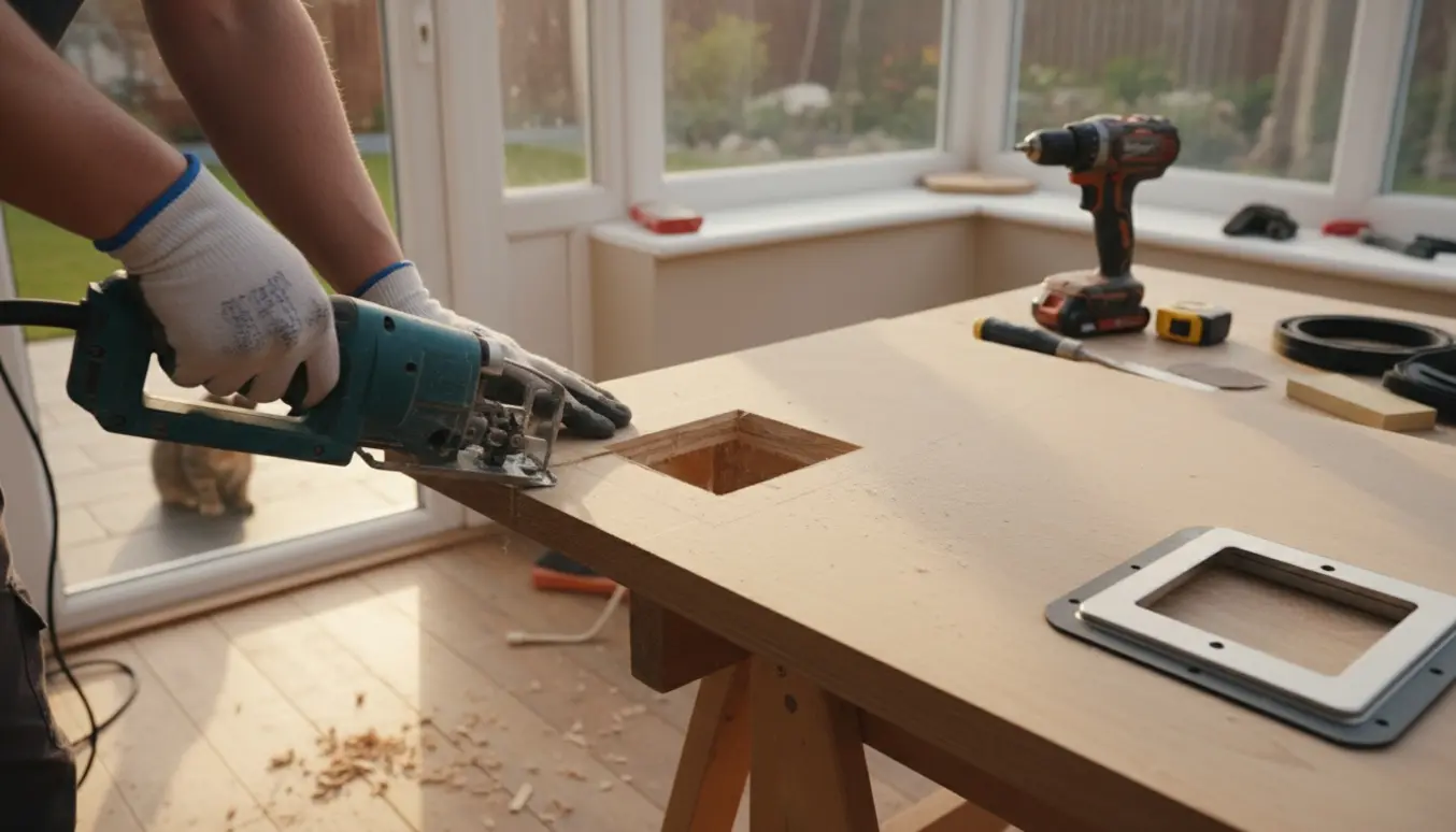 Hænder installerer en kattelem i en trædør med værktøj og træspåner i en solbeskinnet udestue.