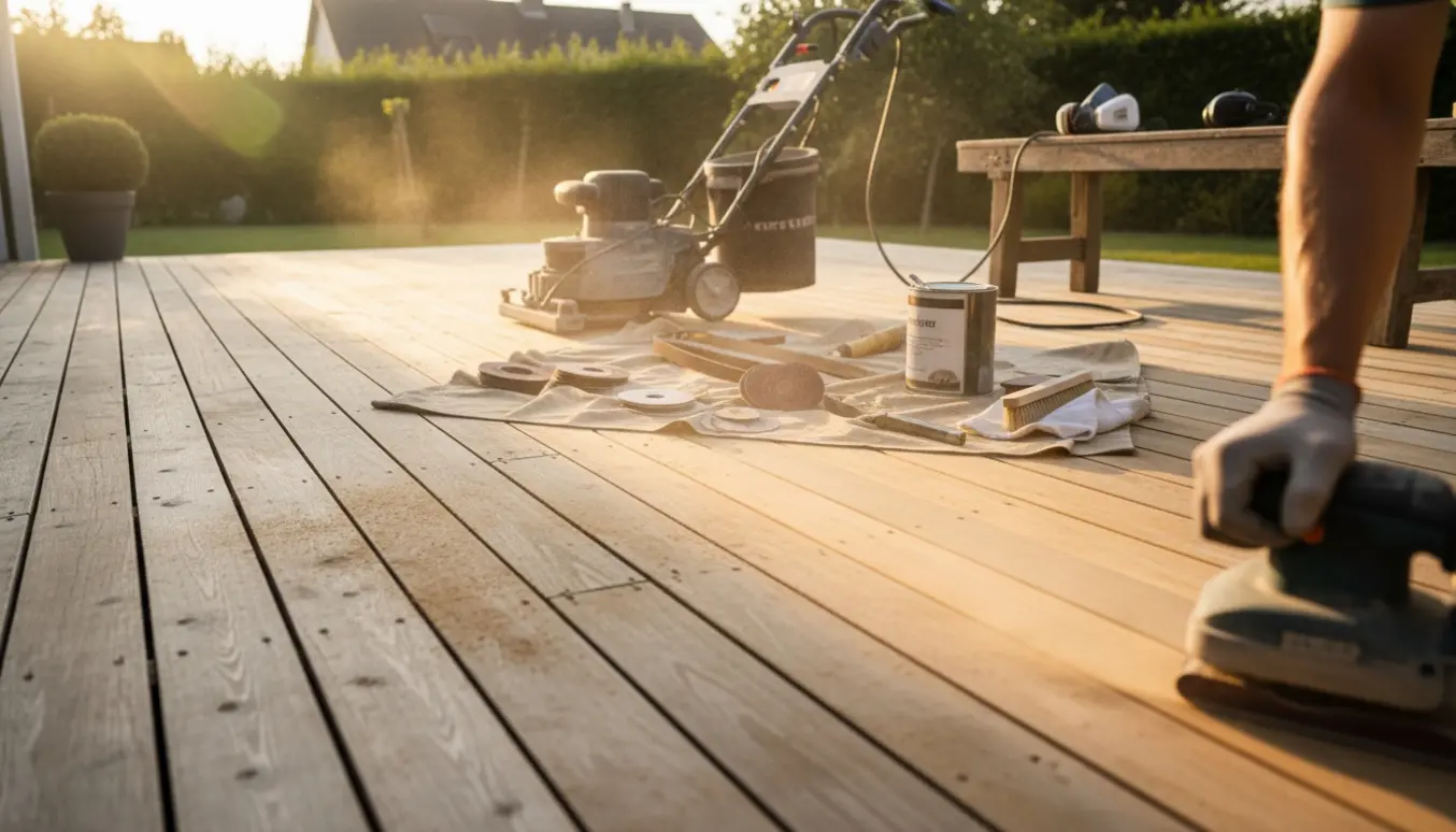 Stor træterrasse delvist slebet med slibemaskiner, værktøj og frisk træ i varmt sollys.