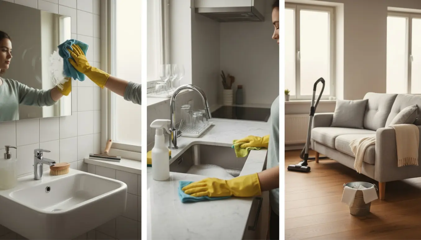 Soloplyst lejlighed med hænder, der pudser badeværelsesspejl, køkkenbord bliver aftørret, og en ryddet stue med støvsuger.