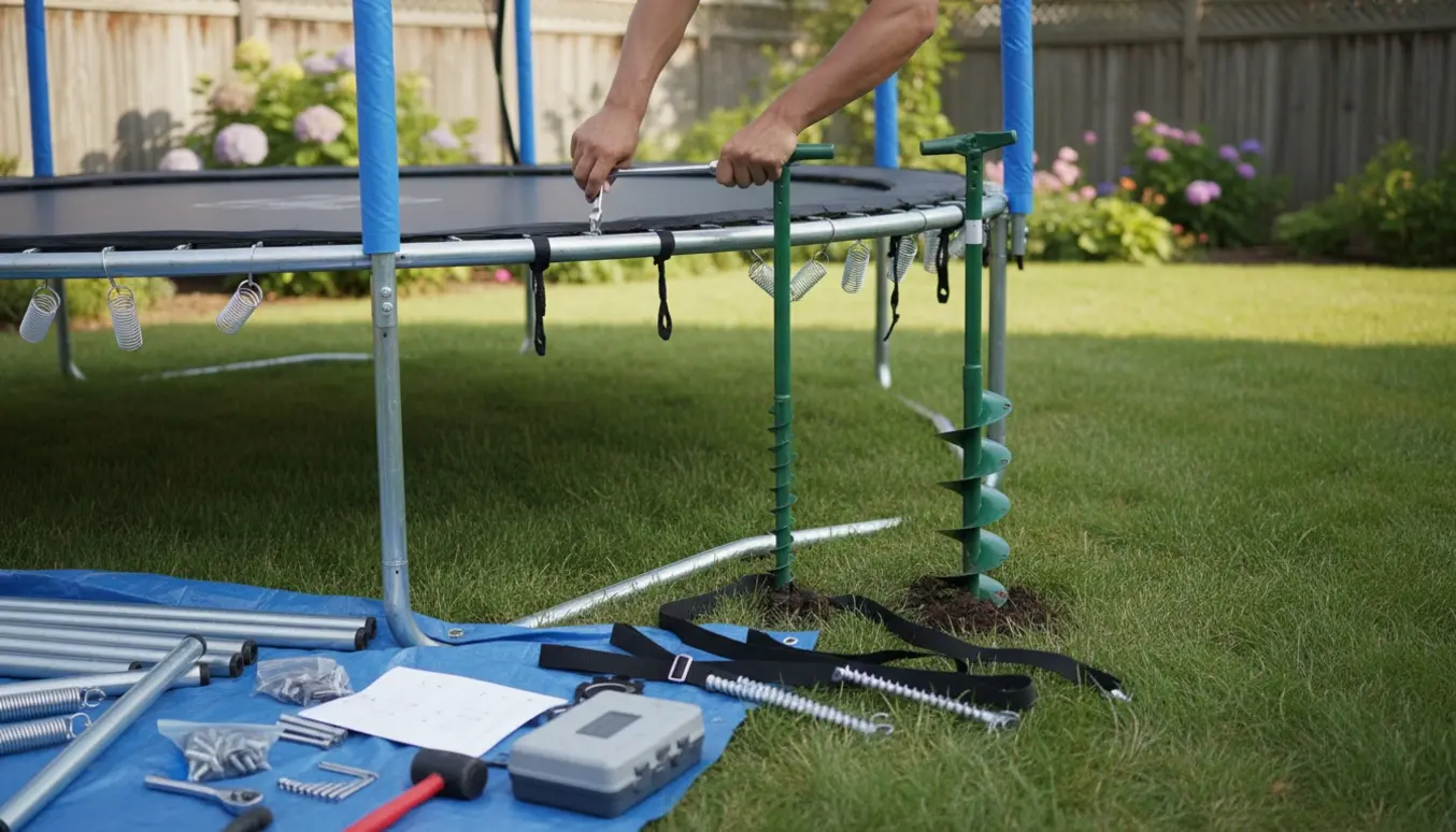 Delvist samlet rund trampolin i have, hænder spænder ben og skruer jordankre ned i græsset.