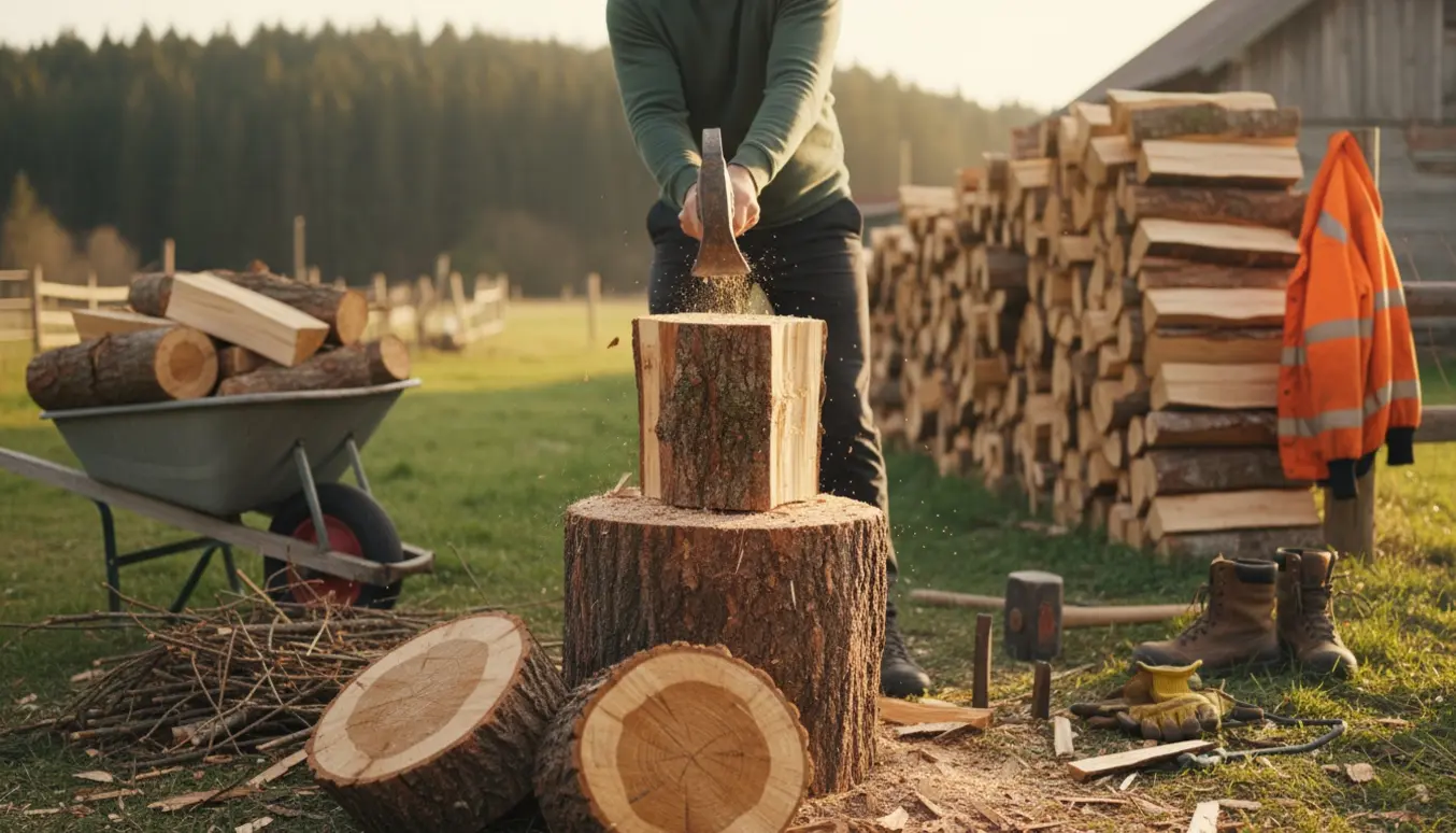 Person kløver brænde på en træstub med flækkede stykker og en pæn stak brænde i baggrunden.