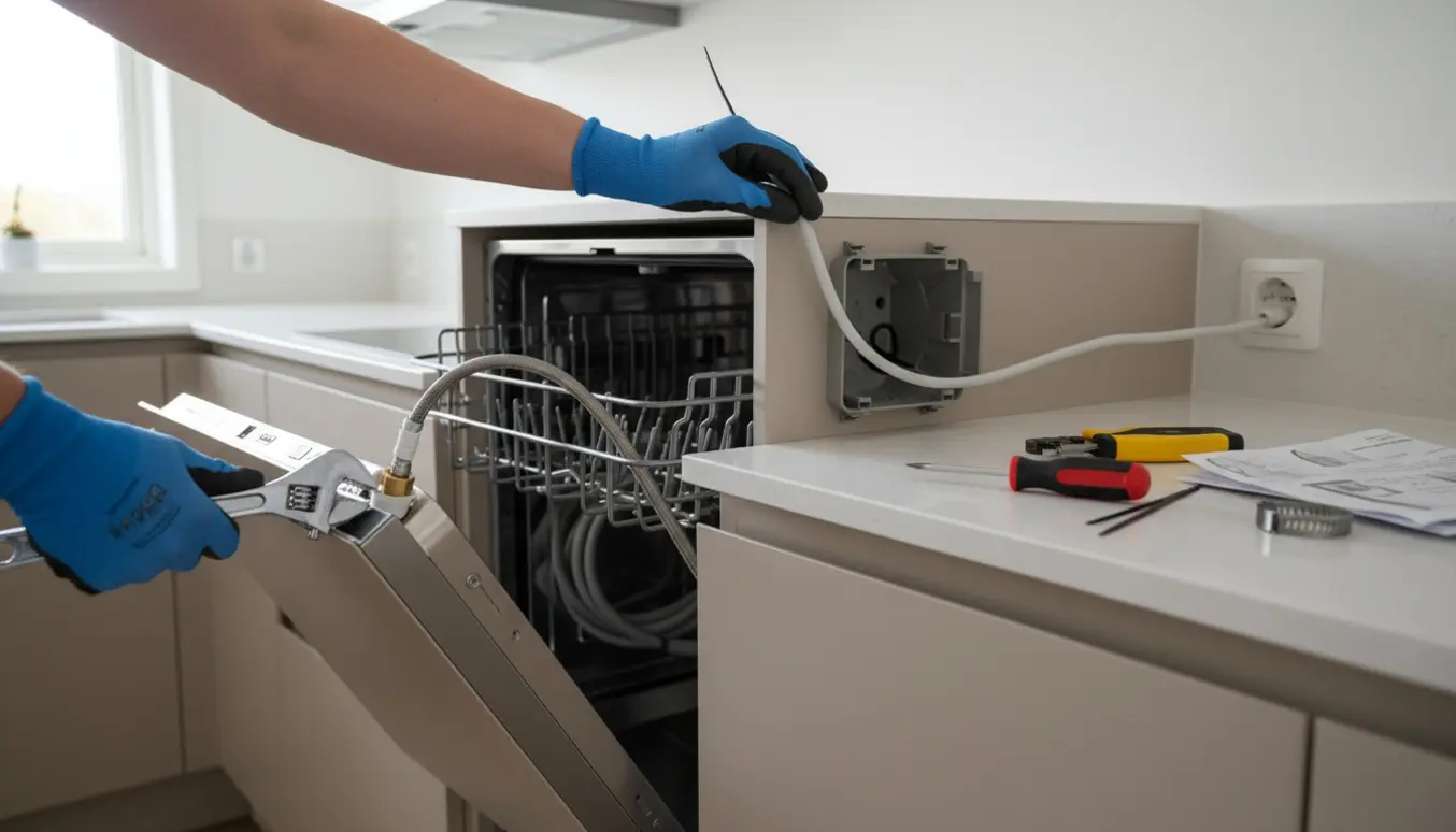 Hænder tilslutter vandslange og trækker elektrisk kabel fra en åben samleboks til en opvaskemaskine i et moderne køkken.