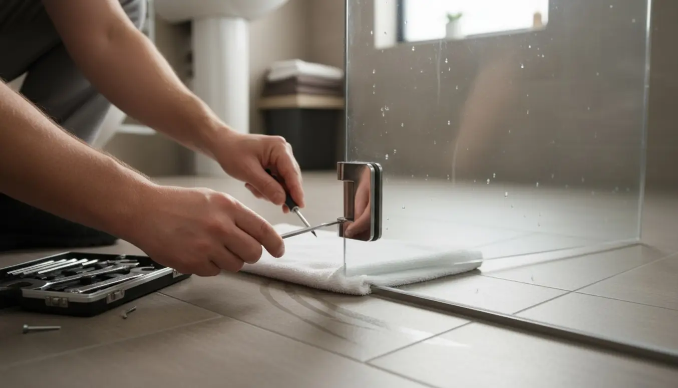 Hænder justerer en glasdør til bruseniche ved nederste hængsel med værktøj på flisegulvet.
