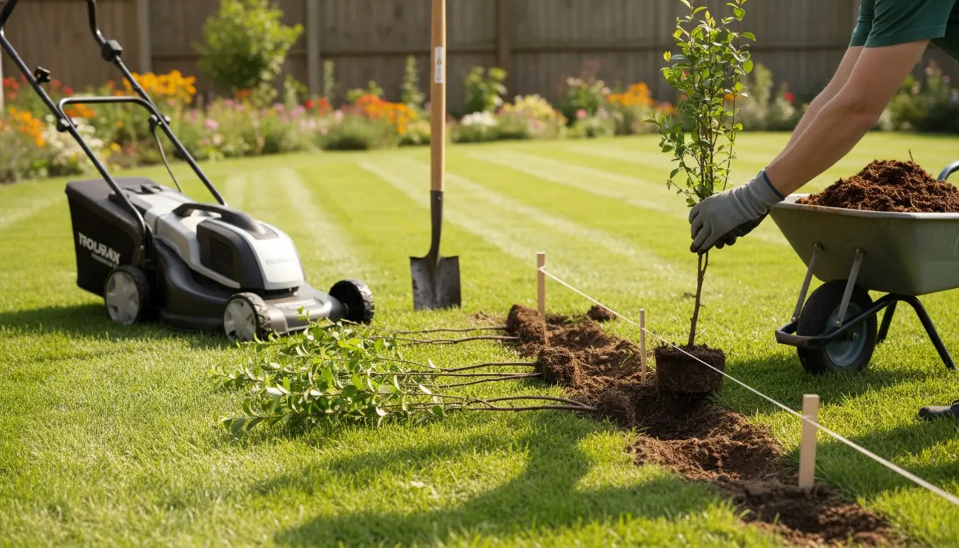Nærbillede af nyklippet græs og plantning af hæk med handsker, spade og planter i en forhave.