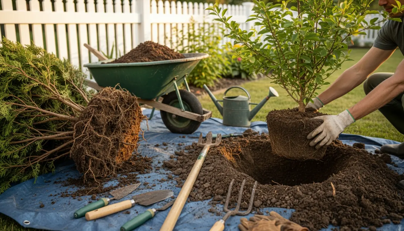 Handskerede hænder planter en ny busk i et frisk gravet hul, mens den opgravede gamle busk ligger ved siden af.