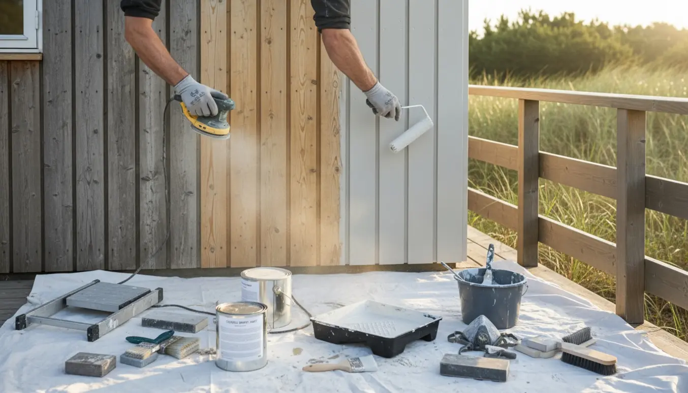 Nærfoto af rækværk og værktøj mens et sommerhus slibes, vaskes og males på en solrig morgentime.