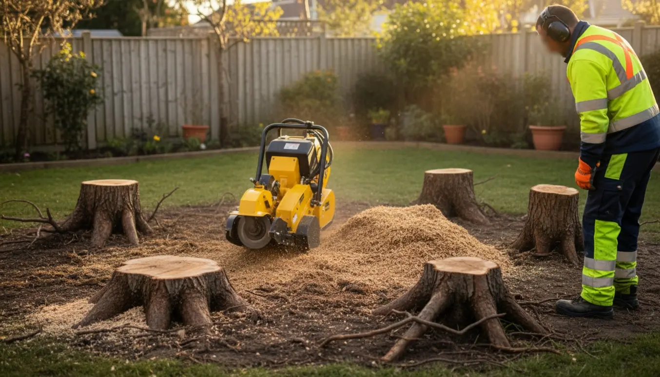 Stubbefræsning i baghave med en fræser, savsmuld og fem mellemstore stubbe.