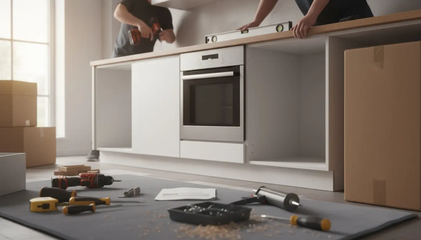 Installatører monterer køkkenskabe og hvidevarer, kun hænder og værktøj synlige i et lyst køkken.