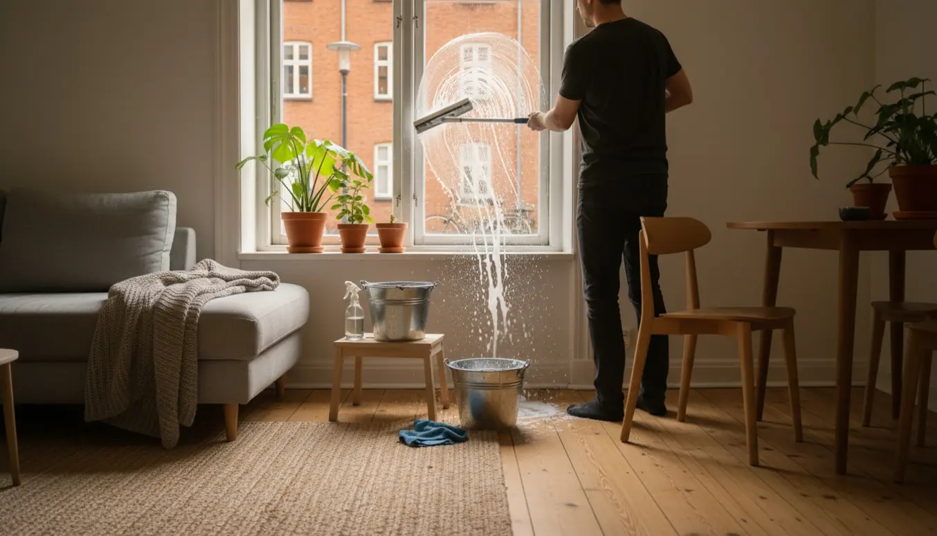 Hænder pudser et stort vindue i en lys stuelejlighed på Vesterbro med gummiskraber og spand.