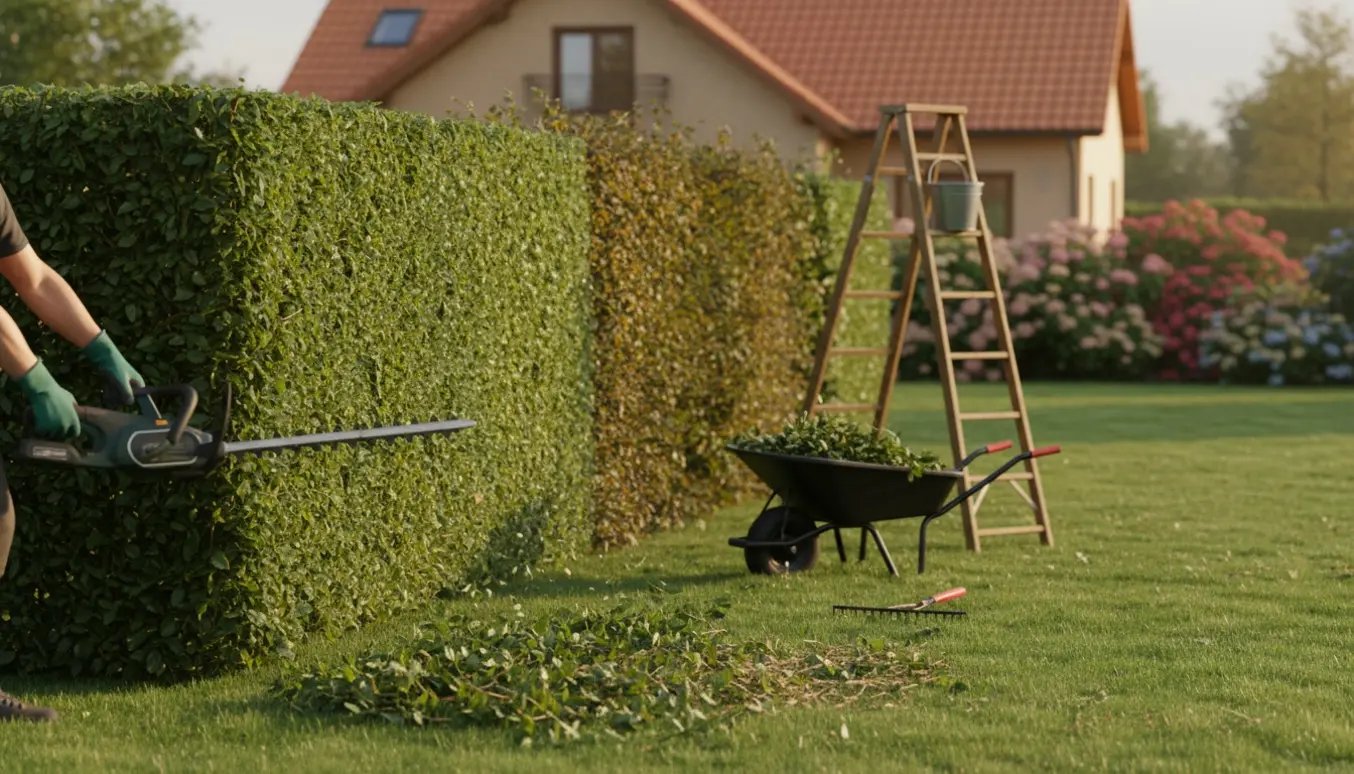 Bøgehæk klippes ned i højden og trimmes i siden med hækkeklipper og friske afklip i en trillebør.