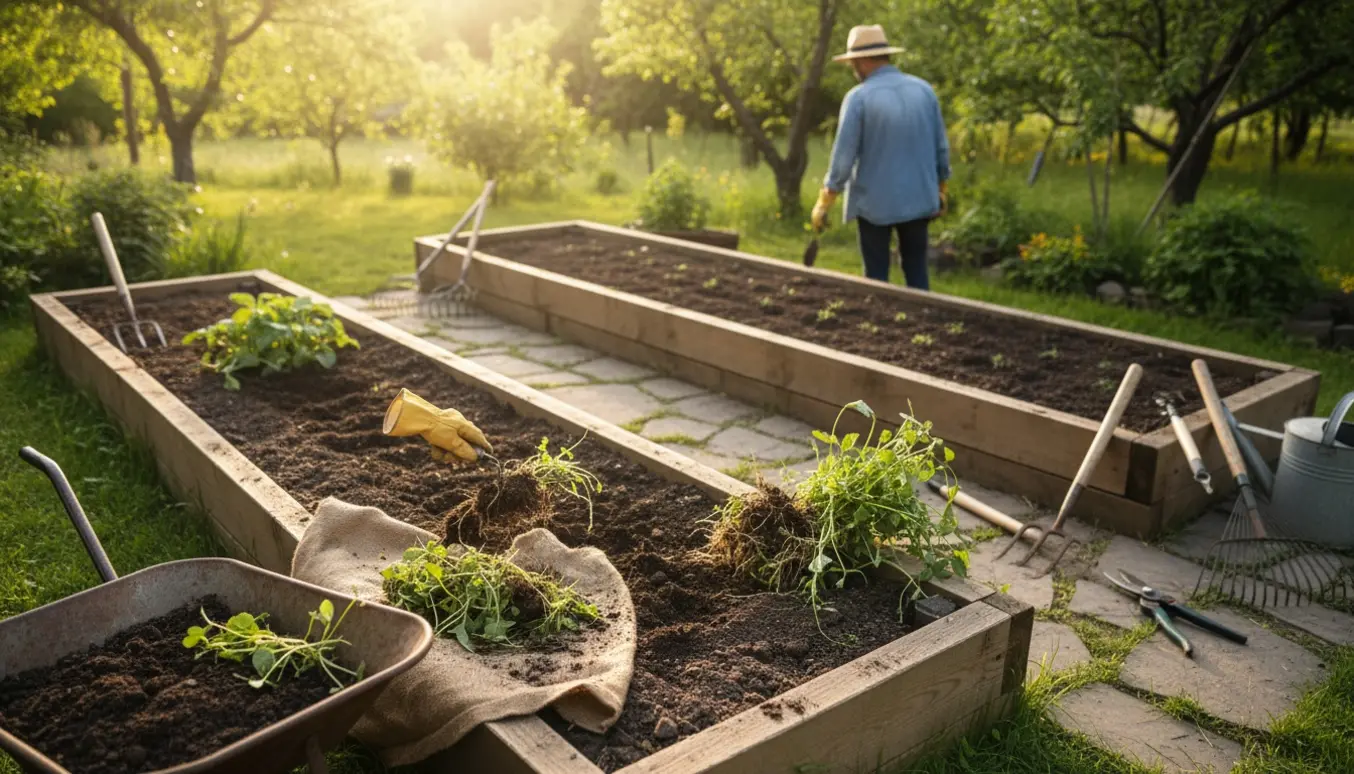 Nærbillede af lugning i to havebede med redskaber og en bunke uproede ukrudtsplanter i morgensol.