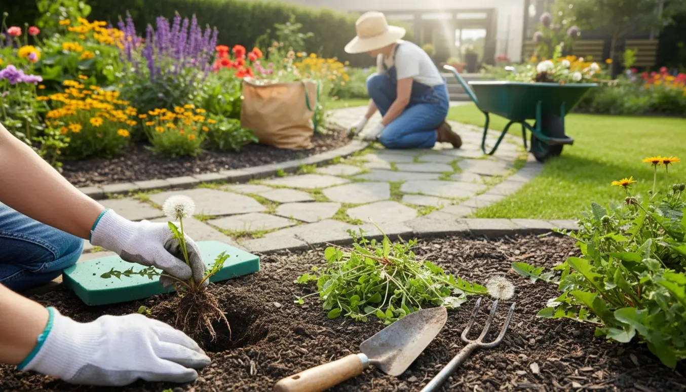 En havehjælper trækker ukrudt op med handsker ved et blomsterbed, med trillebør fuld af ukrudt i baggrunden.